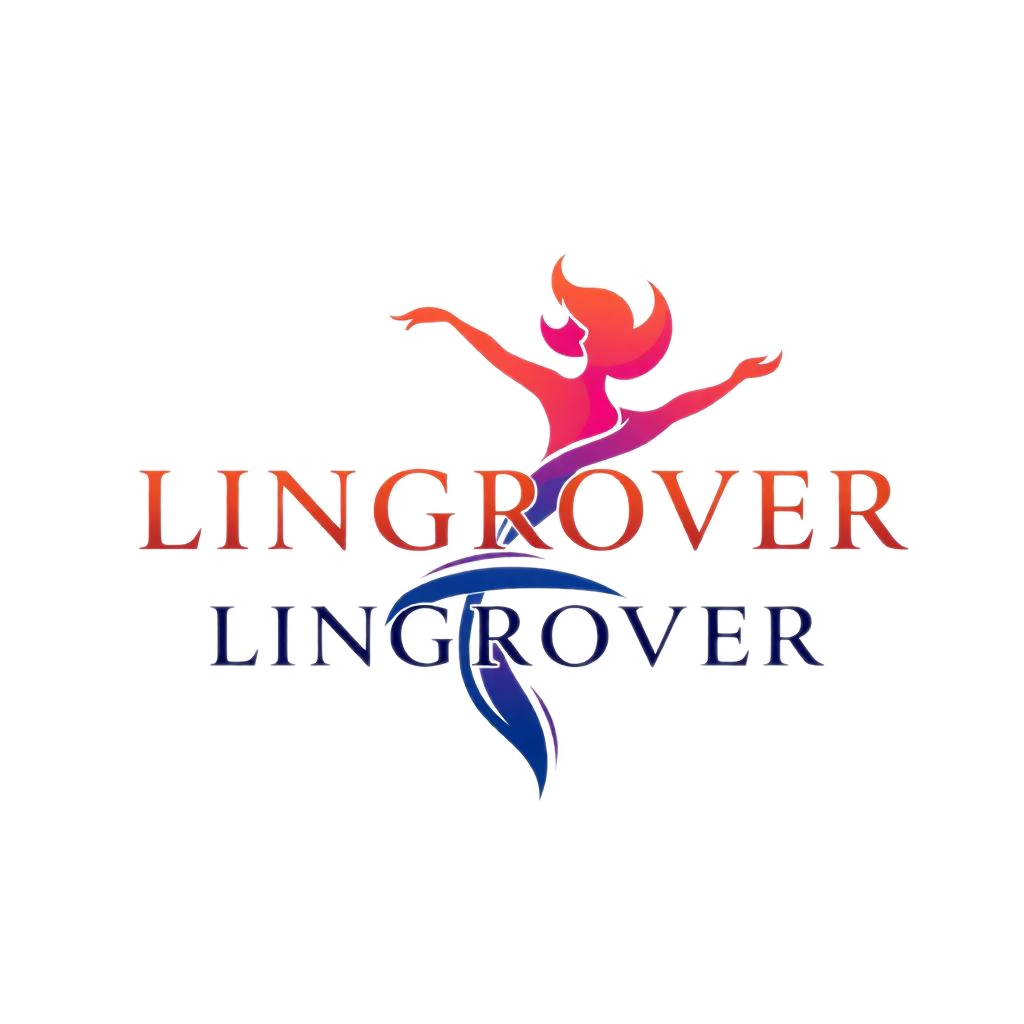 紅と藍の二色で上下に対をなす、両腕を広げた人物とLINGROVERのロゴ